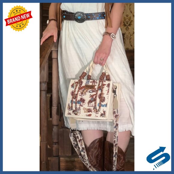 Western Tote Bag with Braided Handles, Shock-Absorbing Pads, 10.5x8.5x5